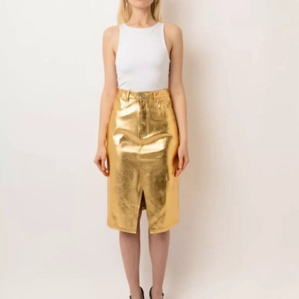 Gold Metallic Front Split Midi Skirt Size S NWT